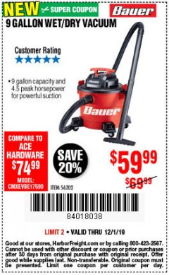 Harbor Freight Coupon BAUER 9 GALLON WET/DRY VACUUM Lot No. 56202 Expired: 12/1/19 - $59.99