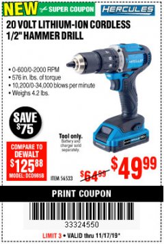 Harbor Freight Coupon HERCULES 20V CORDLESS 1/2IN HAMMER DRILL Lot No. 56533 Expired: 11/17/19 - $49.99