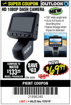 Harbor Freight Coupon OUTLOOK HD 1080P DASH CAMERA  Lot No. 56226 Expired: 12/8/19 - $69.99