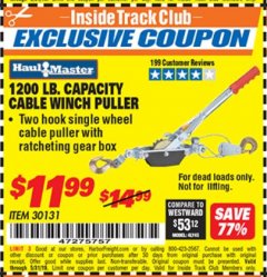 Harbor Freight ITC Coupon 1200 LB. CAPACITY CABLE WINCH PULLER Lot No. 30131 Expired: 5/31/19 - $11.99
