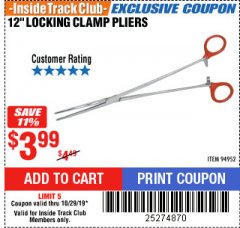 Harbor Freight ITC Coupon 12" LOCKING CLAMP PLIERS Lot No. 94952 Expired: 10/29/19 - $3.99