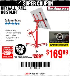 Harbor Freight Coupon DRYWALL PANEL HOIST/LIFT Lot No. 62484/69377 Expired: 11/10/19 - $169.99