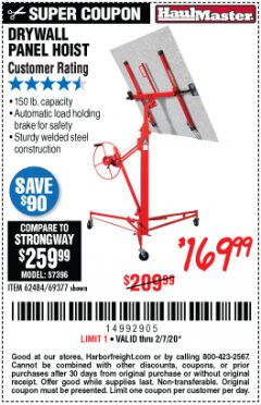 Harbor Freight Coupon DRYWALL PANEL HOIST/LIFT Lot No. 62484/69377 Expired: 2/7/20 - $169.99