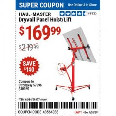 Harbor Freight Coupon DRYWALL PANEL HOIST/LIFT Lot No. 62484/69377 Expired: 1/29/21 - $169.99