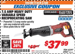 Harbor Freight ITC Coupon 7.5 AMP HEAVY DUTY VARIABLE SPEED RECIPROCATING SAW Lot No. 42597/69067 Expired: 1/31/20 - $37.99