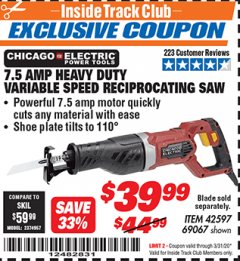 Harbor Freight ITC Coupon 7.5 AMP HEAVY DUTY VARIABLE SPEED RECIPROCATING SAW Lot No. 42597/69067 Expired: 3/31/20 - $39.99