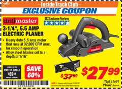 Harbor Freight ITC Coupon 3-1/4", 5.5 AMP ELECTRIC PLANER Lot No. 61691/91062 Expired: 11/30/19 - $27.99
