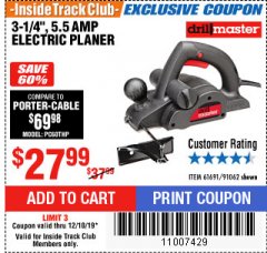 Harbor Freight ITC Coupon 3-1/4", 5.5 AMP ELECTRIC PLANER Lot No. 61691/91062 Expired: 12/10/19 - $27.99