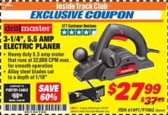Harbor Freight ITC Coupon 3-1/4", 5.5 AMP ELECTRIC PLANER Lot No. 61691/91062 Expired: 1/31/20 - $27.99