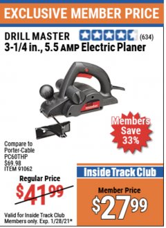 Harbor Freight ITC Coupon 3-1/4", 5.5 AMP ELECTRIC PLANER Lot No. 61691/91062 Expired: 1/28/21 - $27.99