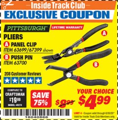 Harbor Freight ITC Coupon PLIERS PANEL CLIP PUSH PIN Lot No. 63699/67399/67400/63700 Expired: 6/30/20 - $4.99