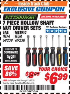 Harbor Freight ITC Coupon 7 PIECE HOLLOW SHAFT NUT DRIVER SETS Lot No. 69239/69238 Expired: 11/30/19 - $6.99