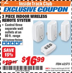 Harbor Freight ITC Coupon 3 PIECE INDOOR WIRELESS REMOTE SYSTEM Lot No. 62575 Expired: 3/31/20 - $16.99