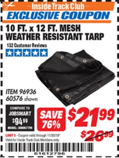 Harbor Freight ITC Coupon 10 FT. X 12 FT. MESH WEATHER RESISTANT TARP Lot No. 96936/60576 Expired: 11/30/19 - $21.99