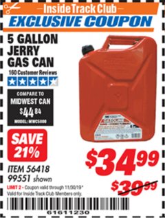 Harbor Freight ITC Coupon 5 GALLON JERRY GAS CAN Lot No. 56418/99551 Expired: 11/30/19 - $34.99