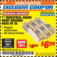 Harbor Freight ITC Coupon 1" INDUSTRIAL GRADE PAINT BRUSHES PACK OF 36 Lot No. 4181/61491 Expired: 11/30/19 - $6.99
