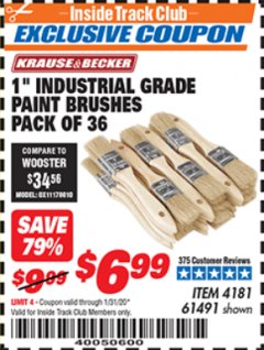 Harbor Freight ITC Coupon 1" INDUSTRIAL GRADE PAINT BRUSHES PACK OF 36 Lot No. 4181/61491 Expired: 1/31/20 - $6.99