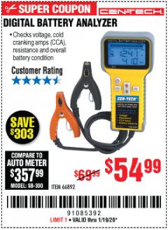 Harbor Freight Coupon DIGITAL BATTERY ANALYZER Lot No. 66892 Expired: 1/19/20 - $54.99