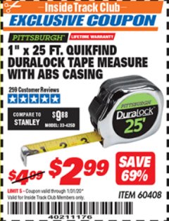 Harbor Freight ITC Coupon 1" X 25 FT. QUIKFIND DURALOCK TAPE MEASURE Lot No. 60408 Expired: 1/31/20 - $2.99