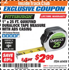 Harbor Freight ITC Coupon 1" X 25 FT. QUIKFIND DURALOCK TAPE MEASURE Lot No. 60408 Expired: 3/31/20 - $2.99