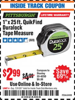 Harbor Freight ITC Coupon 1" X 25 FT. QUIKFIND DURALOCK TAPE MEASURE Lot No. 60408 Expired: 7/31/20 - $2.99
