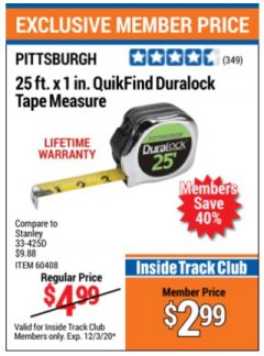 Harbor Freight ITC Coupon 1" X 25 FT. QUIKFIND DURALOCK TAPE MEASURE Lot No. 60408 Expired: 12/3/20 - $2.99