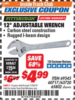 Harbor Freight ITC Coupon 12" ADJUSTABLE WRENCH Lot No. 69545/60717/63720/65802 Expired: 11/30/19 - $4.99