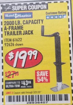 Harbor Freight Coupon 2000 LB. SWING-BACK WELD-ON TRAILER JACKS Lot No. 42950/69782/41006 Expired: 3/31/20 - $19.99