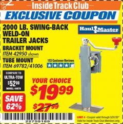 Harbor Freight ITC Coupon 2000 LB. SWING-BACK WELD-ON TRAILER JACKS Lot No. 42950/69782/41006 Expired: 3/31/20 - $19.99