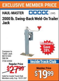 Harbor Freight ITC Coupon 2000 LB. SWING-BACK WELD-ON TRAILER JACKS Lot No. 42950/69782/41006 Expired: 10/31/20 - $19.99