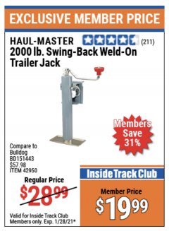 Harbor Freight ITC Coupon 2000 LB. SWING-BACK WELD-ON TRAILER JACKS Lot No. 42950/69782/41006 Expired: 1/28/21 - $19.99