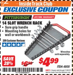 Harbor Freight ITC Coupon 14 SLOT WRENCH RACK Lot No. 4800 Expired: 11/30/19 - $4.99