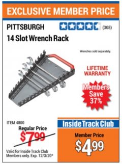 Harbor Freight ITC Coupon 14 SLOT WRENCH RACK Lot No. 4800 Expired: 12/3/20 - $4.99