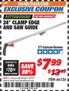 Harbor Freight ITC Coupon 24" CLAMP EDGE AND SAW GUIDE Lot No. 66126 Expired: 11/30/19 - $7.99