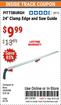 Harbor Freight ITC Coupon 24" CLAMP EDGE AND SAW GUIDE Lot No. 66126 Expired: 8/31/20 - $9.99