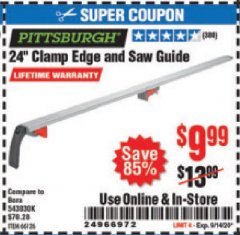 Harbor Freight Coupon 24" CLAMP EDGE AND SAW GUIDE Lot No. 66126 Expired: 9/14/20 - $9.99