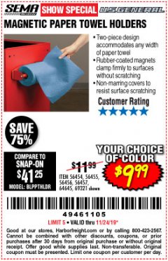 Harbor Freight Coupon MAGNETIC PAPER TOWEL HOLDERS Lot No. 56454, 56455, 56456, 56457, 64645, 69321 Expired: 11/24/19 - $9.99
