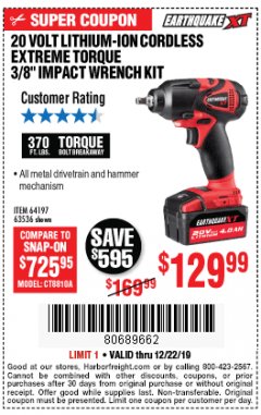 Harbor Freight Coupon LITHIUM-ION CORDLESS EXTREME TORQUE 3/8" IMPACT WRENCH KIT Lot No. 64197, 63536 Expired: 12/22/19 - $129.99