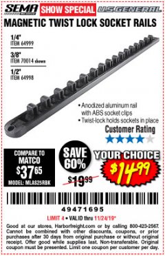 Harbor Freight Coupon MAGNETIC TWIST LOCK SOCKET RAILS Lot No. 64999, 70014, 64998 Expired: 11/24/19 - $14.99