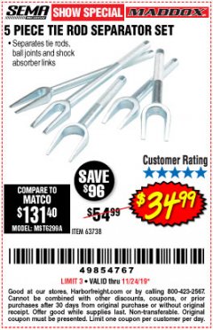 Harbor Freight Coupon MADDOX 5 PIECE TIE ROD SEPARATOR SET Lot No. 63738 Expired: 11/24/19 - $34.99