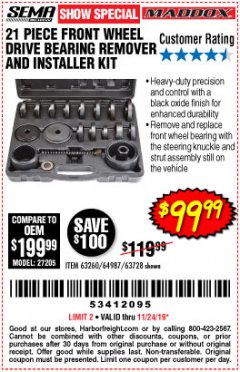 Harbor Freight Coupon MADDOX 21 PIECE FRONT WHEEL DRIVE BEARING REMOVER AND INSTALLER KIT Lot No. 63260, 64987, 63728 Expired: 11/24/19 - $99.99