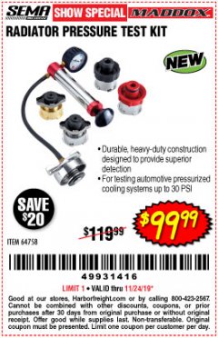 Harbor Freight Coupon MADDOX RADIATOR PRESSURE TEST KIT Lot No. 64758 Expired: 11/24/19 - $99.99