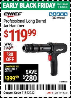 Harbor Freight Coupon PROFESSIONAL LONG BARREL AIR HAMMER Lot No. 56524 Expired: 11/13/22 - $119.99