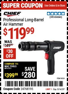 Harbor Freight Coupon PROFESSIONAL LONG BARREL AIR HAMMER Lot No. 56524 Expired: 5/14/23 - $119.99