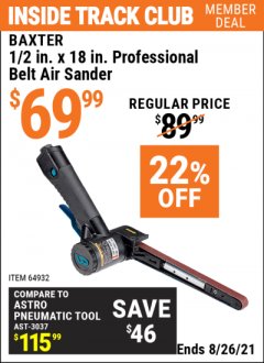 Harbor Freight ITC Coupon 1/2" X 18" PROFESSIONAL BELT AIR SANDER Lot No. 64932 Expired: 8/26/21 - $69.99