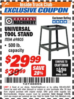 Harbor Freight ITC Coupon UNIVERSAL TOOL STAND Lot No. 46075/69805 Expired: 7/31/18 - $29.99