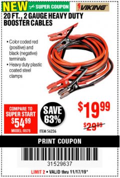 Harbor Freight Coupon 20 FT., 2 GAUGE HEAVY DUTY BOOSTER CABLES Lot No. 56236 Expired: 11/17/19 - $19.99