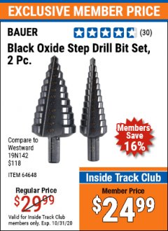 Harbor Freight ITC Coupon 2 PIECE BLACK OXIDE COATED M2 STEEL HIGH SPEED STEP BITS Lot No. 64651/64650/64648 Expired: 10/31/20 - $24.99