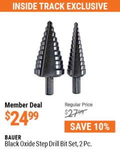 Harbor Freight ITC Coupon 2 PIECE BLACK OXIDE COATED M2 STEEL HIGH SPEED STEP BITS Lot No. 64651/64650/64648 Expired: 5/31/21 - $24.99