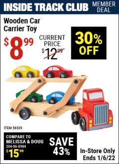 Harbor Freight ITC Coupon WOODEN CAR CARRIER TOY Lot No. 56539 Expired: 1/6/22 - $8.99